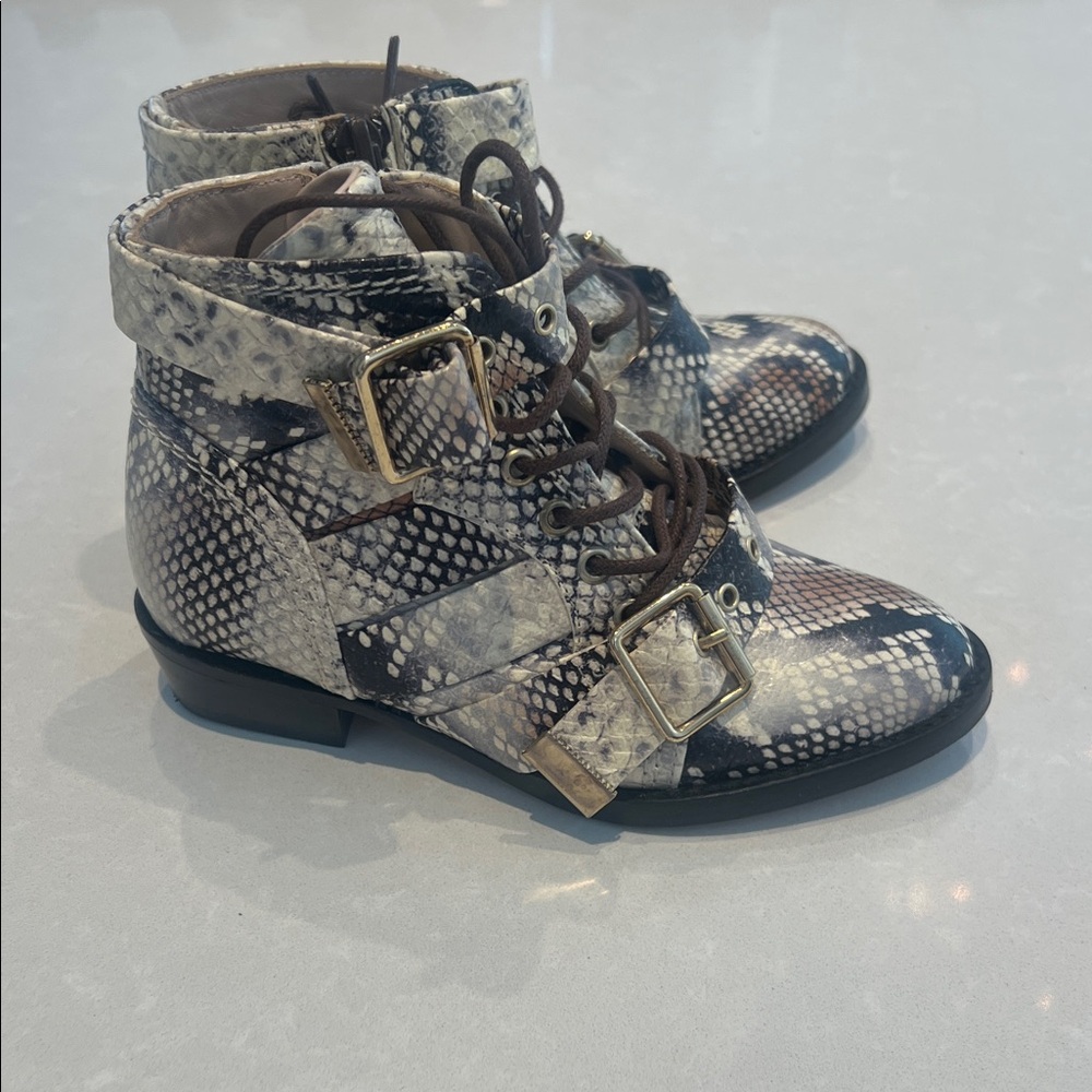 Snakeskin Patterned Ankle Boots with Buckles